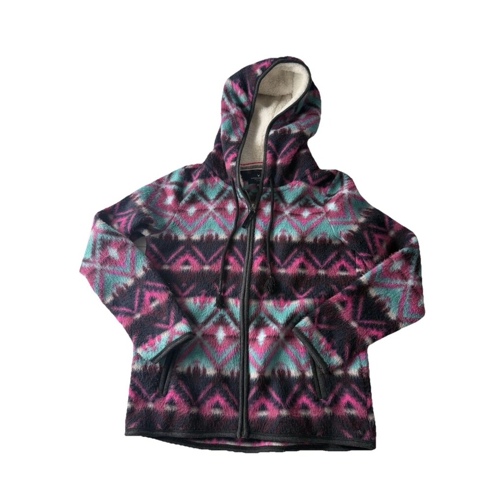 American Eagle Aztec Print Polar Fleece full zip Jacket sweater Hood Size M